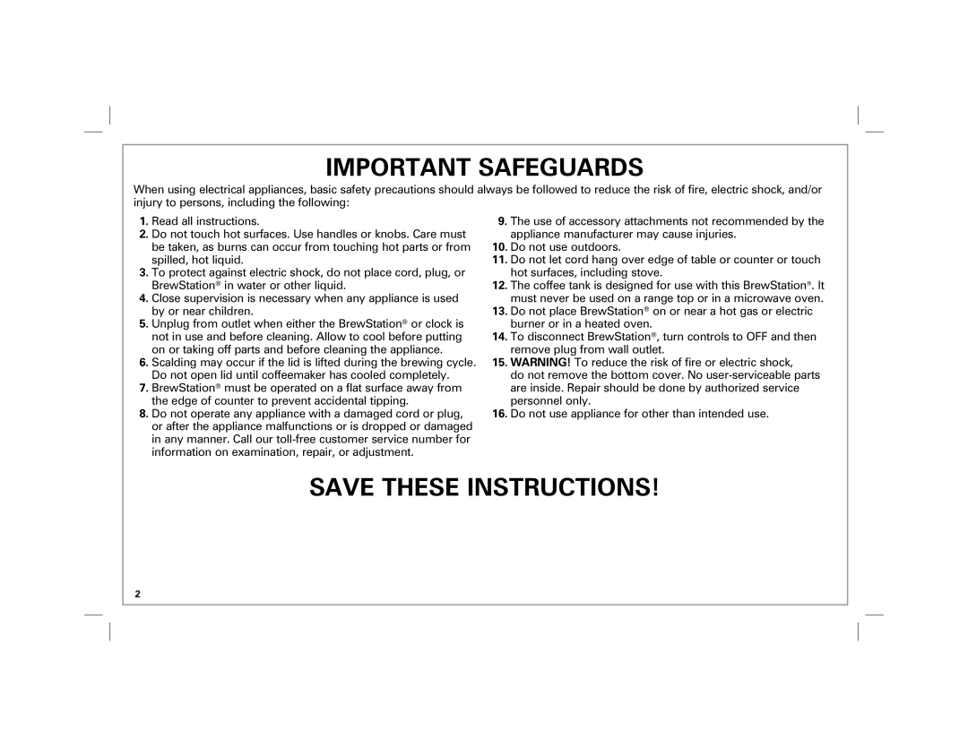 Hamilton Beach 47900 manual Important Safeguards, Save These Instructions 