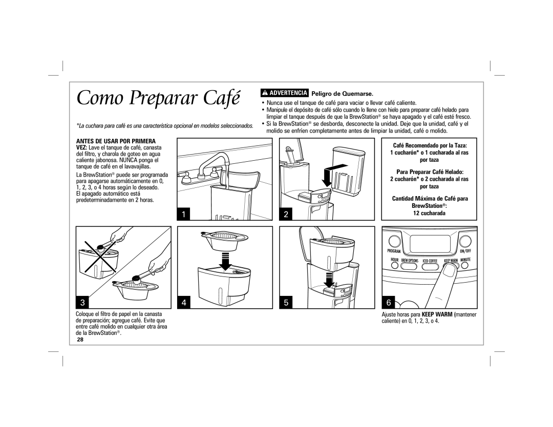Hamilton Beach 47900 manual Como Preparar Café, w ADVERTENCIA, Peligro de Quemarse, Antes De Usar Por Primera, por taza 