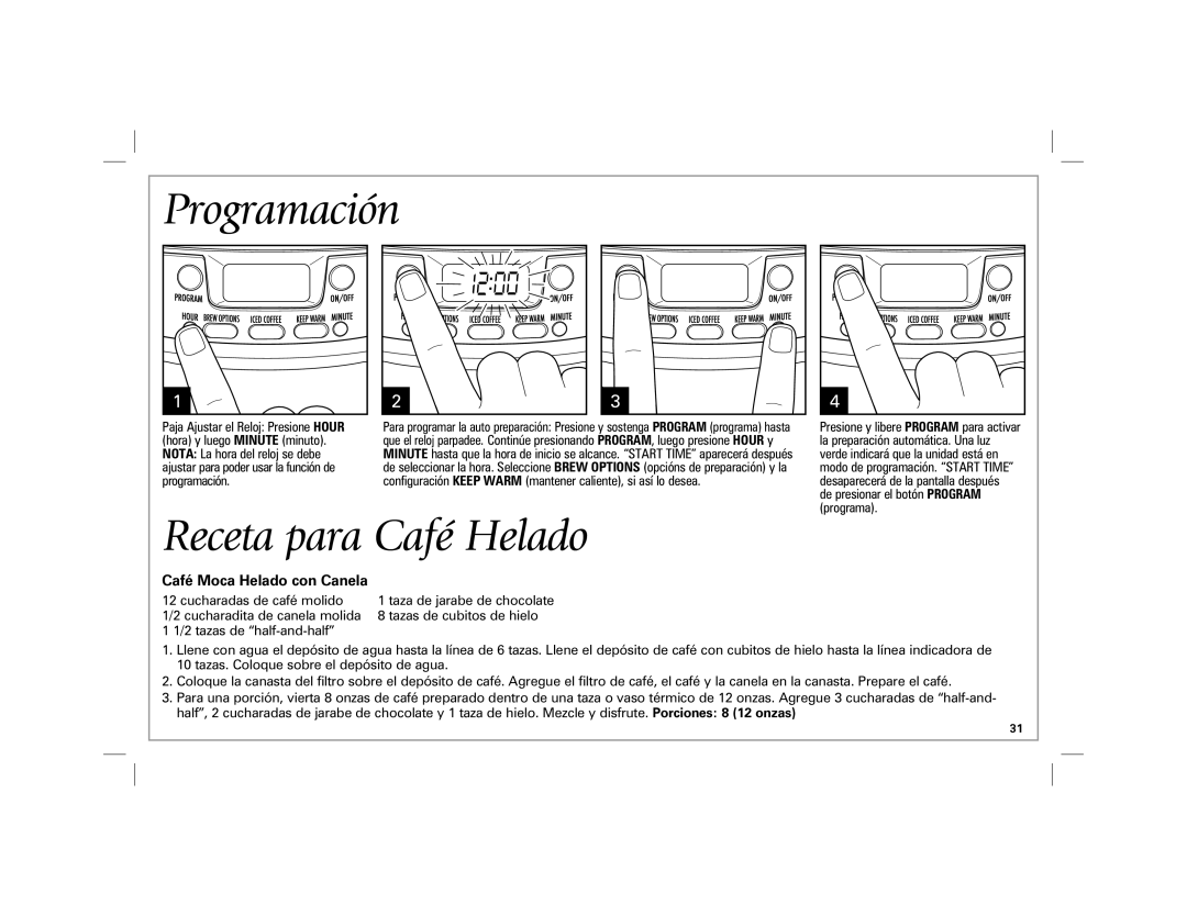 Hamilton Beach 47900 manual Receta para Café Helado, Programación, Café Moca Helado con Canela 