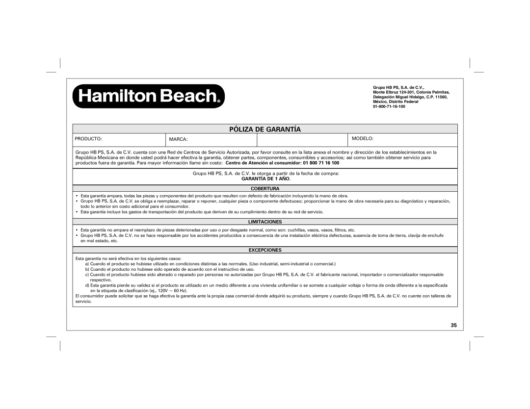 Hamilton Beach 47900 manual Póliza De Garantía, GARANTÍA DE 1 AÑO COBERTURA, Limitaciones, Excepciones 