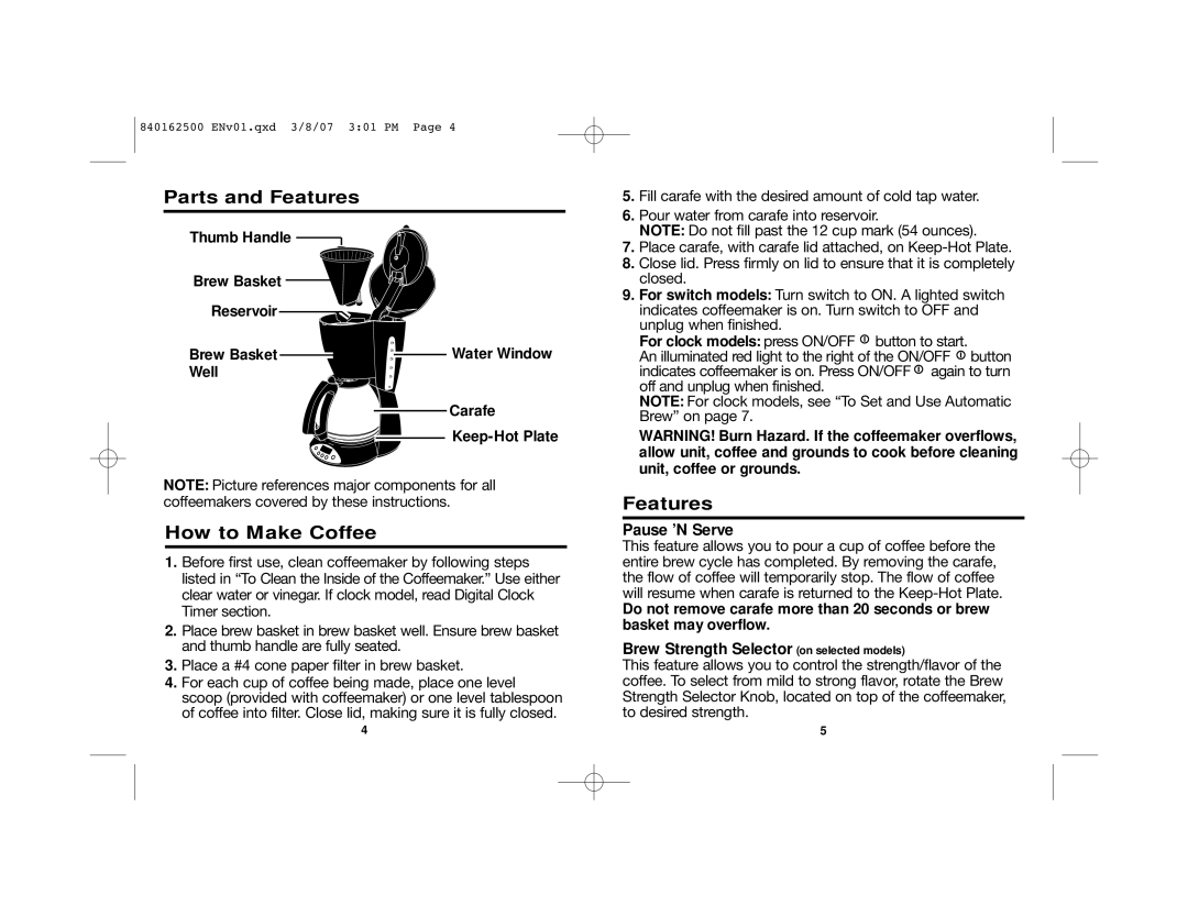 Hamilton Beach 49464 Parts and Features, How to Make Coffee, Pause ’N Serve, Brew Strength Selector on selected models 