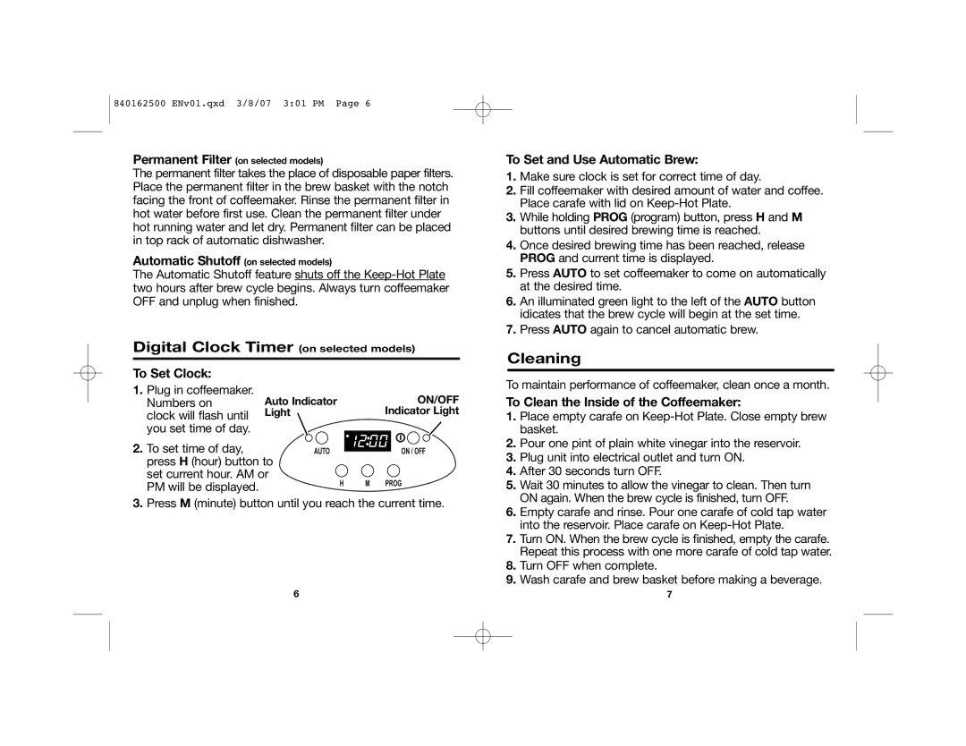 Hamilton Beach 49465, 49444 Digital Clock Timer on selected models, Cleaning, To Set and Use Automatic Brew, To Set Clock 