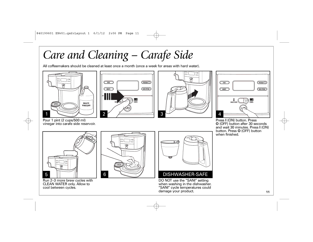 Hamilton Beach 49980Z manual Care and Cleaning Carafe Side 