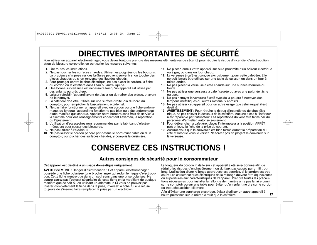 Hamilton Beach 49980Z manual Directives Importantes DE Sécurité 