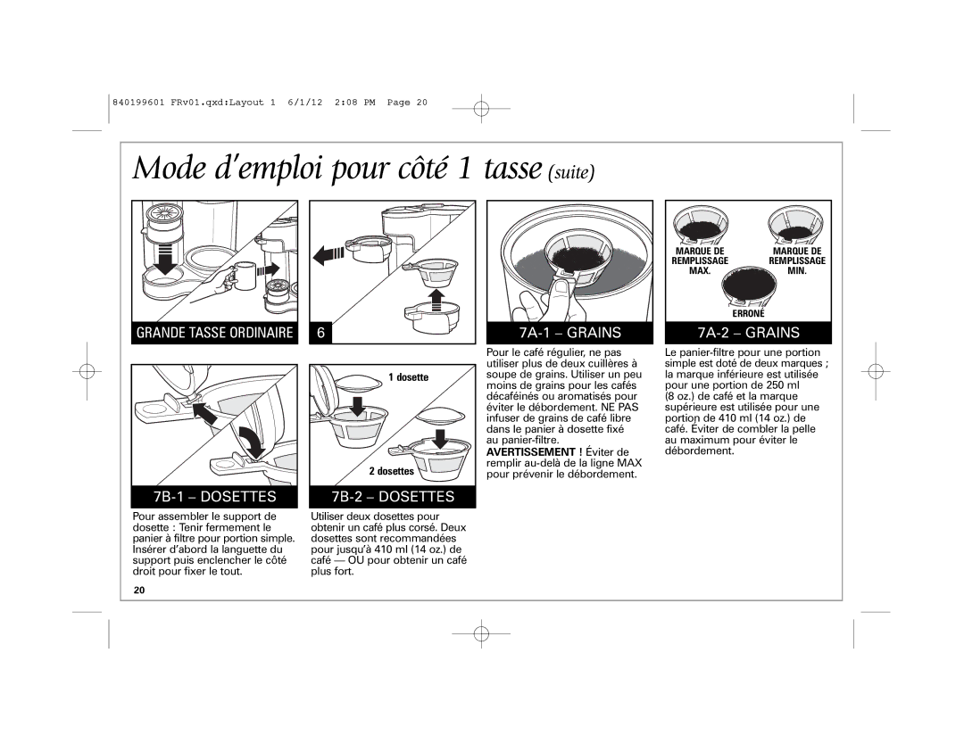 Hamilton Beach 49980Z manual Mode d’emploi pour côté 1 tasse suite, 7B-2 Dosettes 