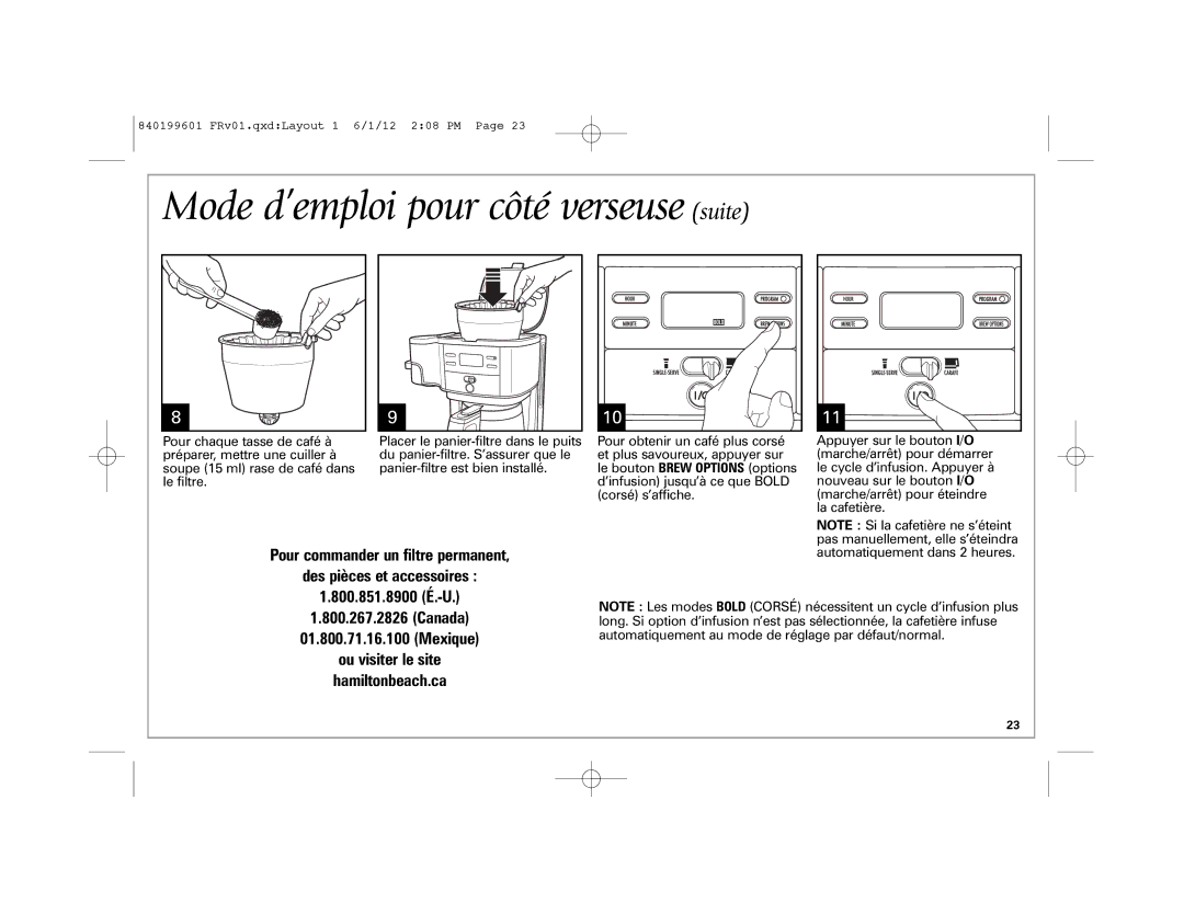 Hamilton Beach 49980Z manual Mode d’emploi pour côté verseuse suite 