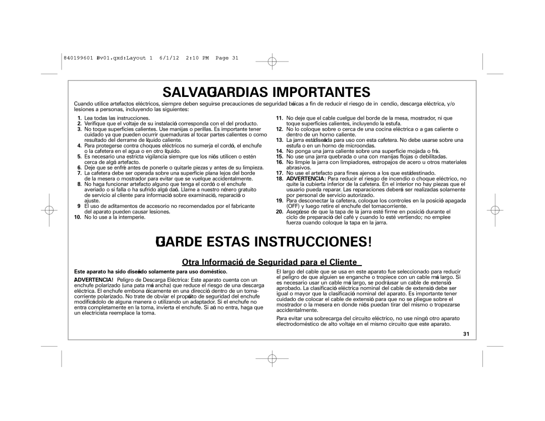 Hamilton Beach 49980Z manual Salvaguardias Importantes 