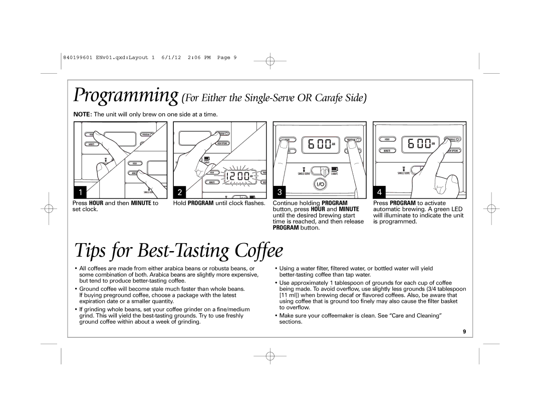 Hamilton Beach 49980Z manual Tips for Best-Tasting Coffee, Programming For Either the Single-Serve or Carafe Side 