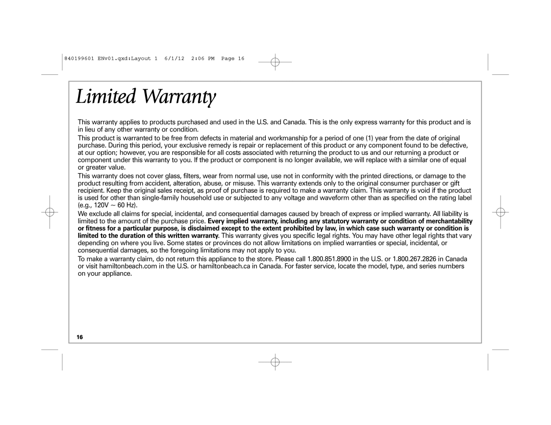 Hamilton Beach 49980Z manual Limited Warranty 