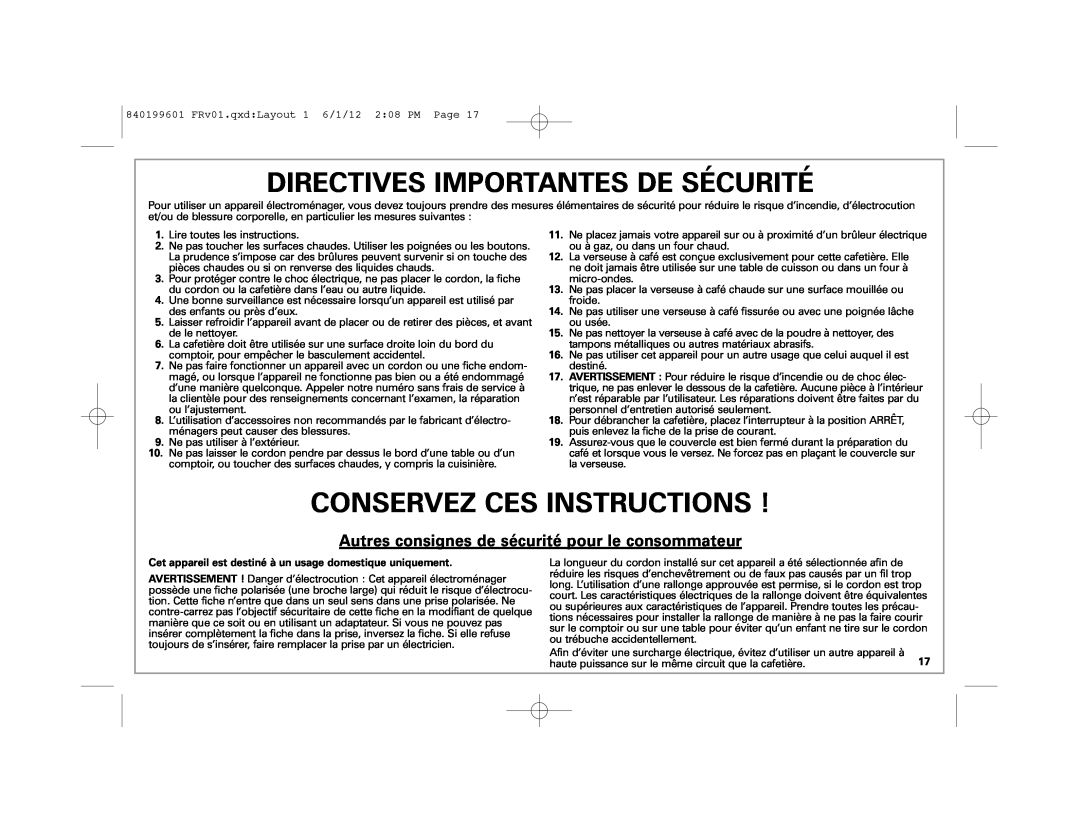 Hamilton Beach 49980Z manual Directives Importantes De Sécurité, Conservez Ces Instructions 