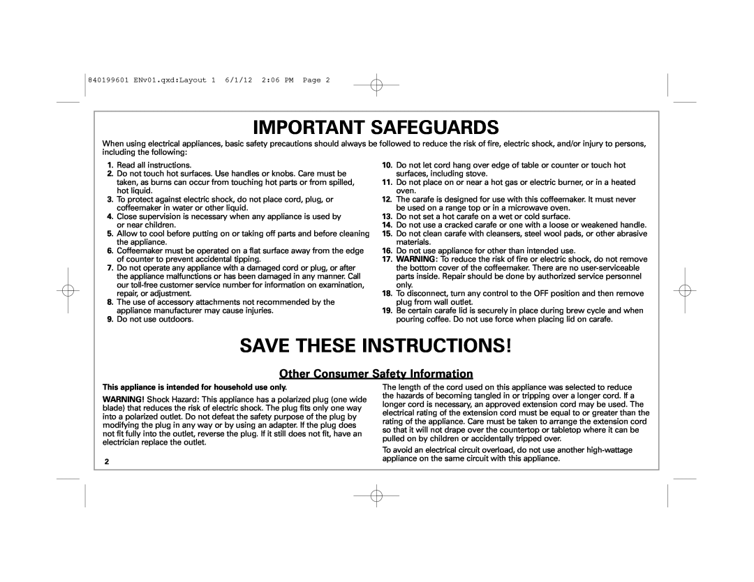 Hamilton Beach 49980Z manual Important Safeguards, Save These Instructions, Other Consumer Safety Information 