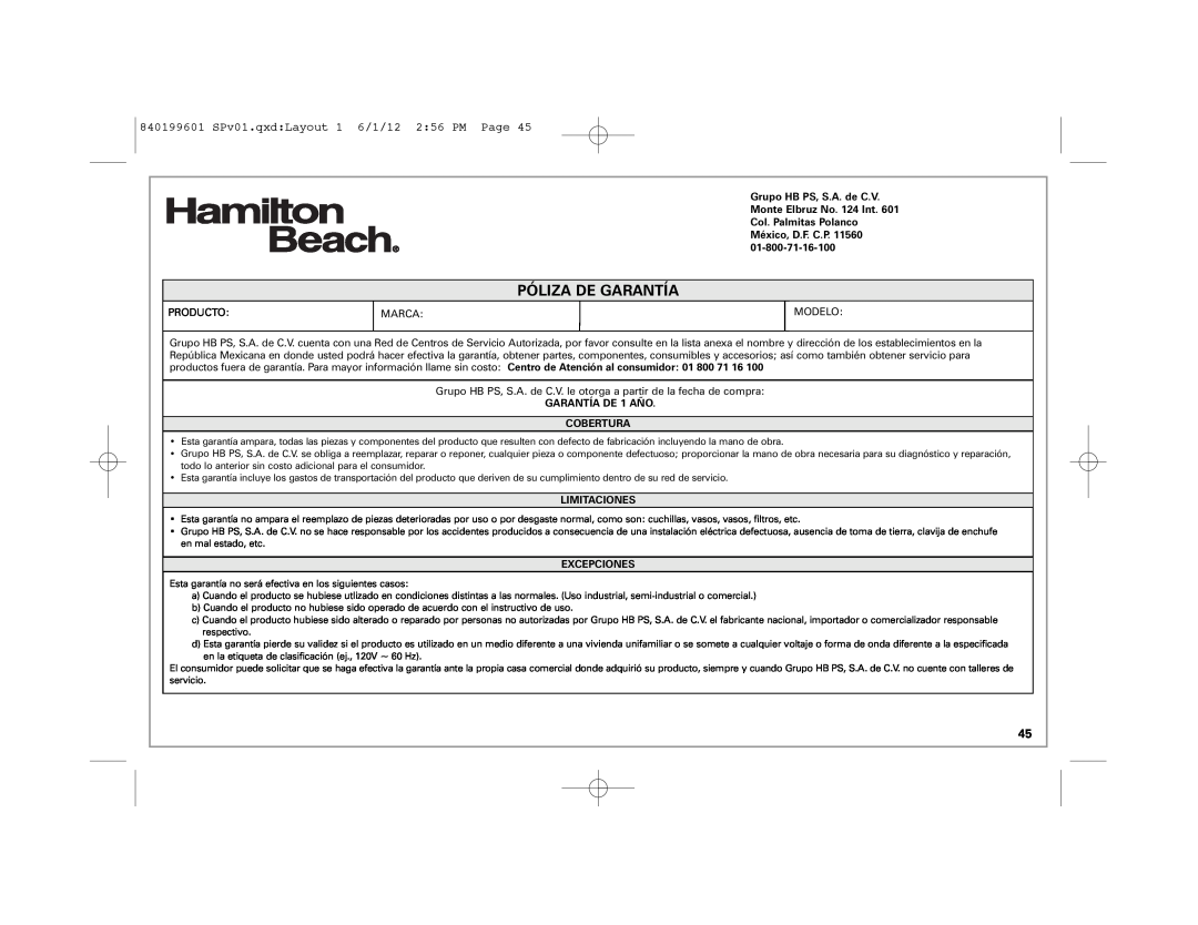 Hamilton Beach 49980Z manual Póliza De Garantía, 840199601 SPv01.qxd:Layout 1 6/1/12 2:56 PM Page 