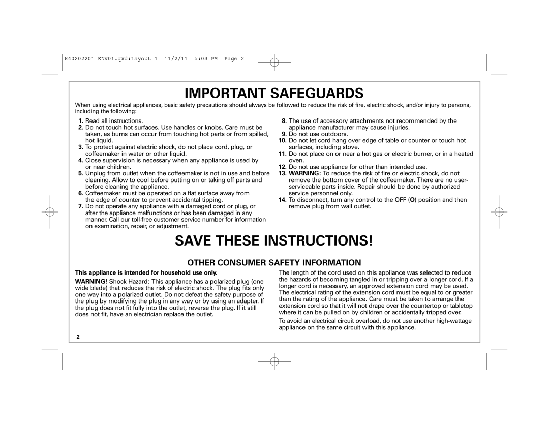 Hamilton Beach 49981 manual Important Safeguards, This appliance is intended for household use only 