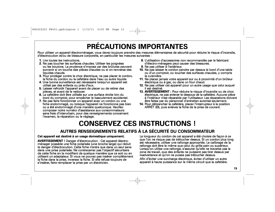Hamilton Beach 49981 manual Précautions Importantes, Conservez Ces Instructions 