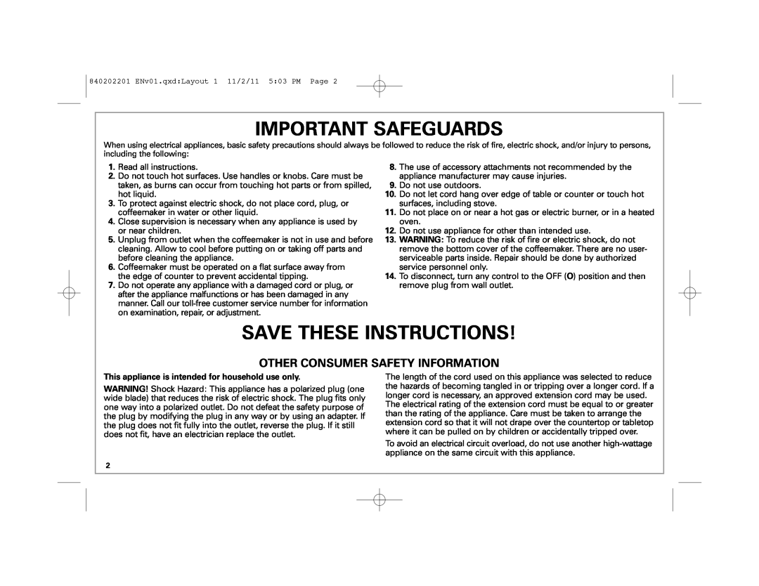 Hamilton Beach 49981 manual Important Safeguards, Save These Instructions, Other Consumer Safety Information 
