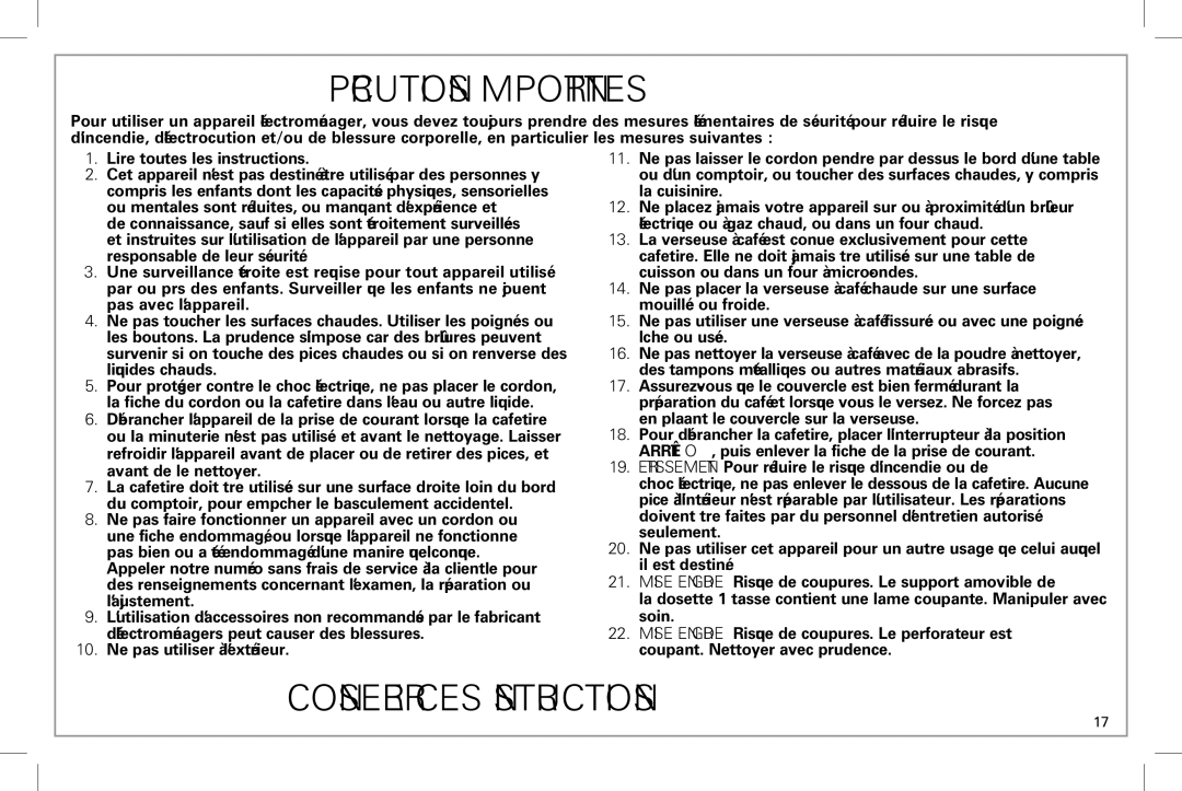 Hamilton Beach 49983 manual Précautions Importantes 