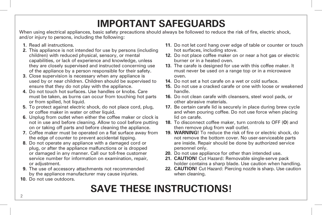 Hamilton Beach 49983 manual Important Safeguards 