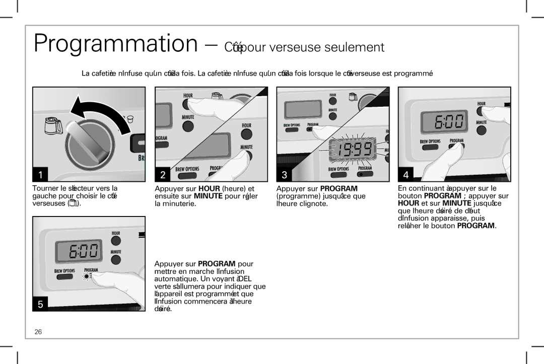 Hamilton Beach 49983 manual Programmation Côté pour verseuse seulement 