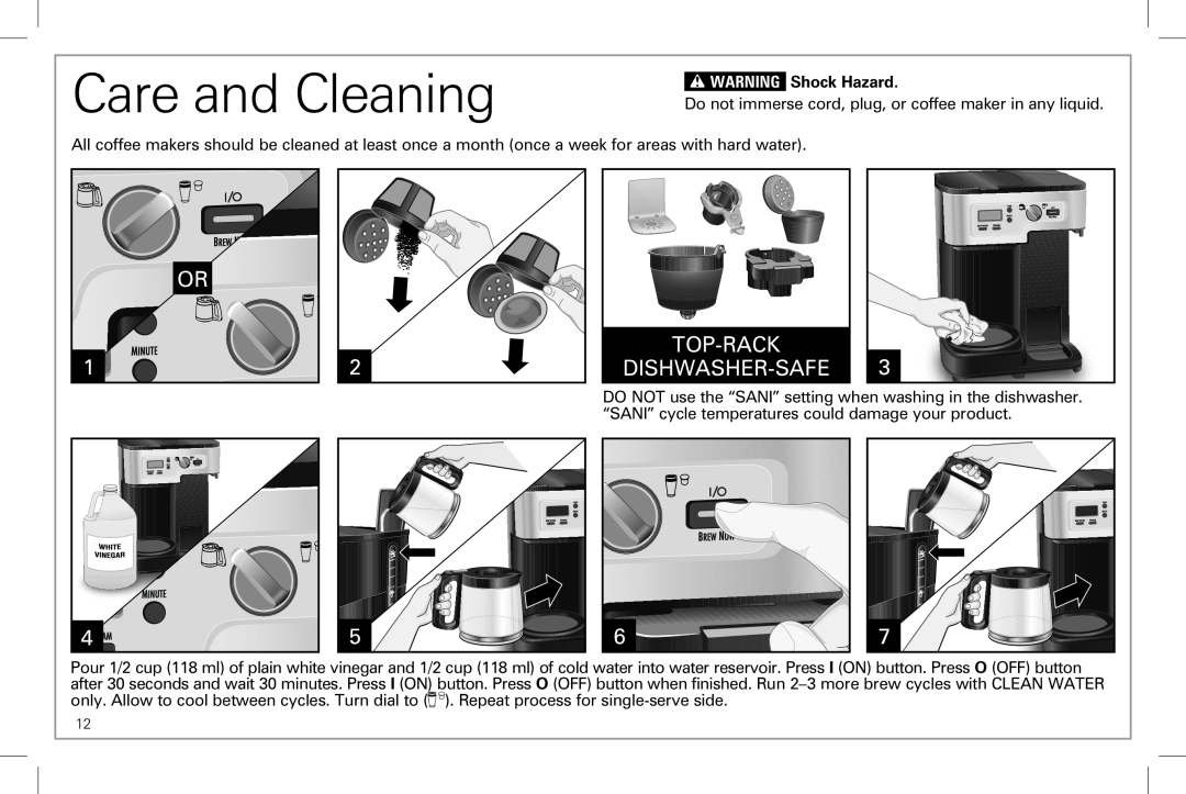 Hamilton Beach 49983 manual Care and Cleaning, Or, Top-Rack Dishwasher-Safe, wWARNING Shock Hazard 