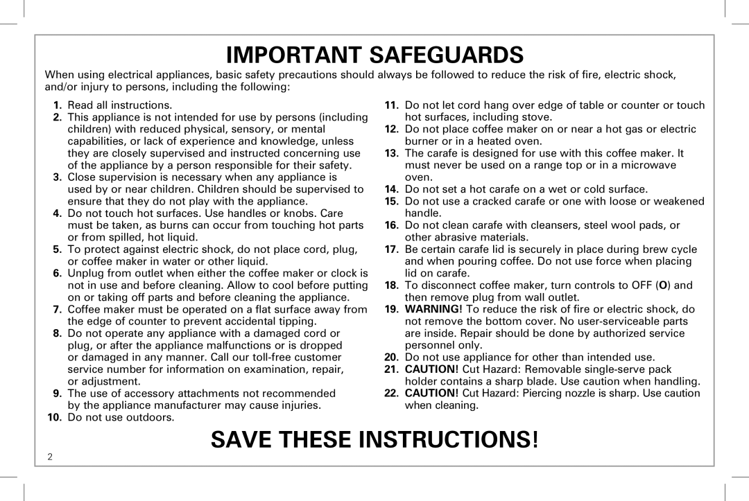 Hamilton Beach 49983 manual Important Safeguards, Save These Instructions 
