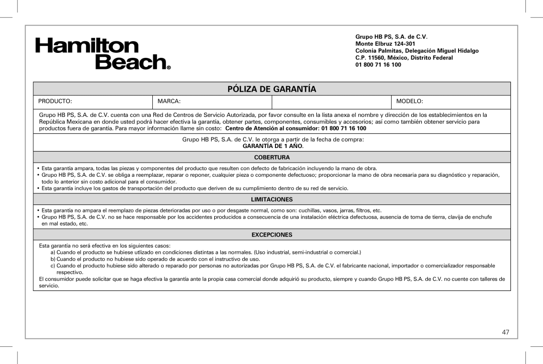 Hamilton Beach 49983 manual Póliza De Garantía 