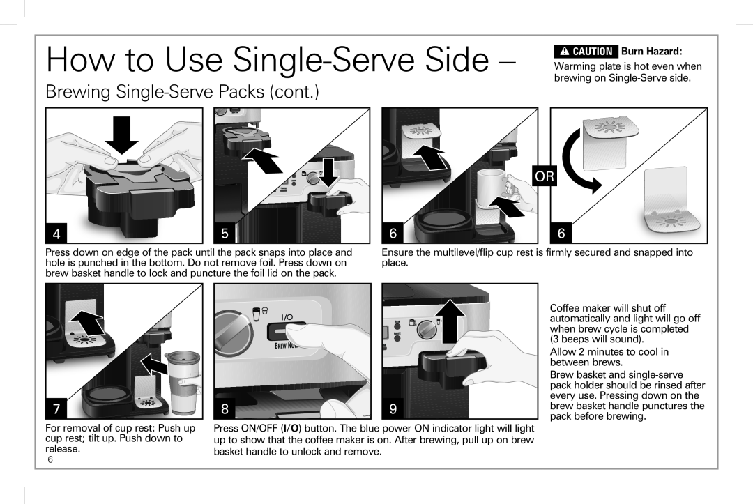 Hamilton Beach 49983 manual Brewing Single-ServePacks cont, How to Use Single-ServeSide, Burn Hazard, w CAUTION 
