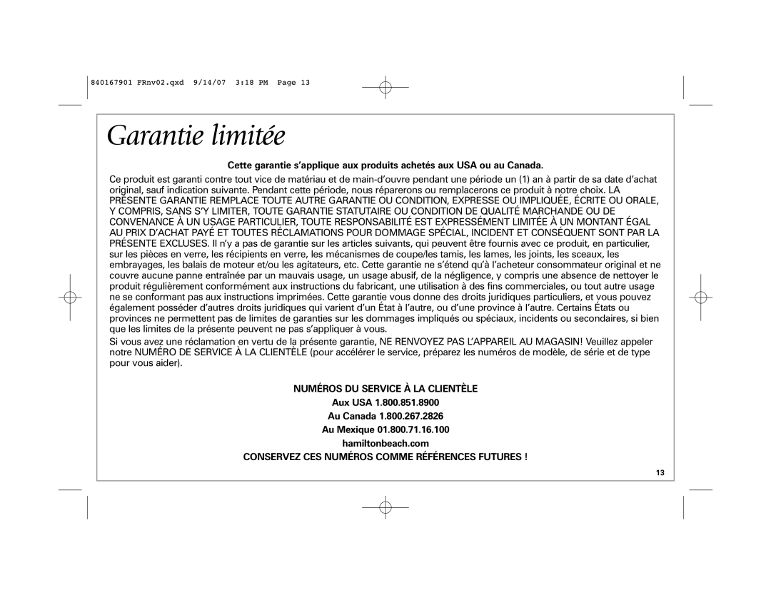 Hamilton Beach 11510, 5 A, 11530 D01 120V~ 60Hz 0, 11520 Garantie limitée, Aux USA Au Canada Au Mexique Hamiltonbeach.com 