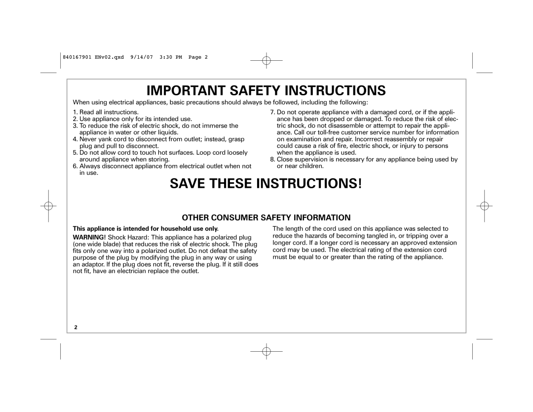 Hamilton Beach 11530 D01 120V~ 60Hz 0 Important Safety Instructions, This appliance is intended for household use only 