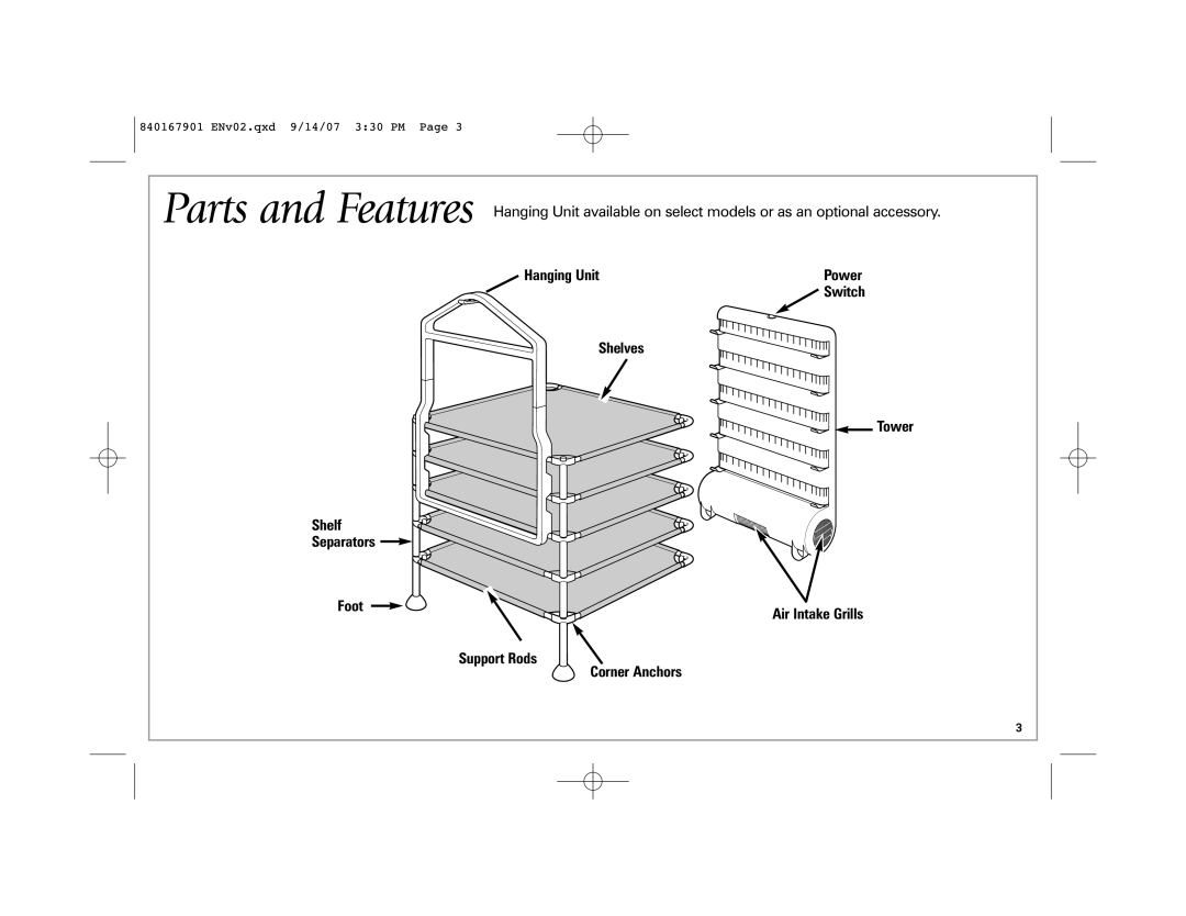 Hamilton Beach 11520, 5 A, 11510 manual Hanging Unit, Shelves Tower Shelf Separators Foot, Support Rods Corner Anchors 