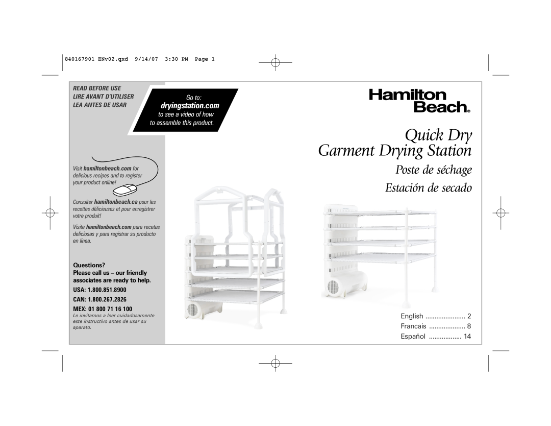 Hamilton Beach 11510, 5 A manual Quick Dry Garment Drying Station, Poste de séchage Estación de secado, dryingstation.com 