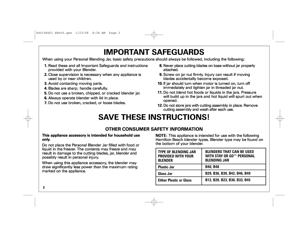 Hamilton Beach 50239 Important Safeguards, Save These Instructions, Other Consumer Safety Information, Provided With Your 