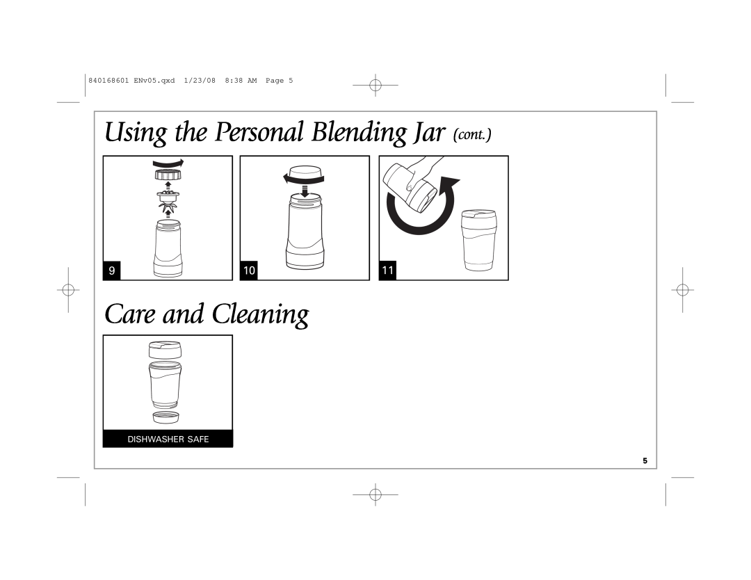 Hamilton Beach 50239 manual Using the Personal Blending Jar cont, Care and Cleaning, Dishwasher Safe 