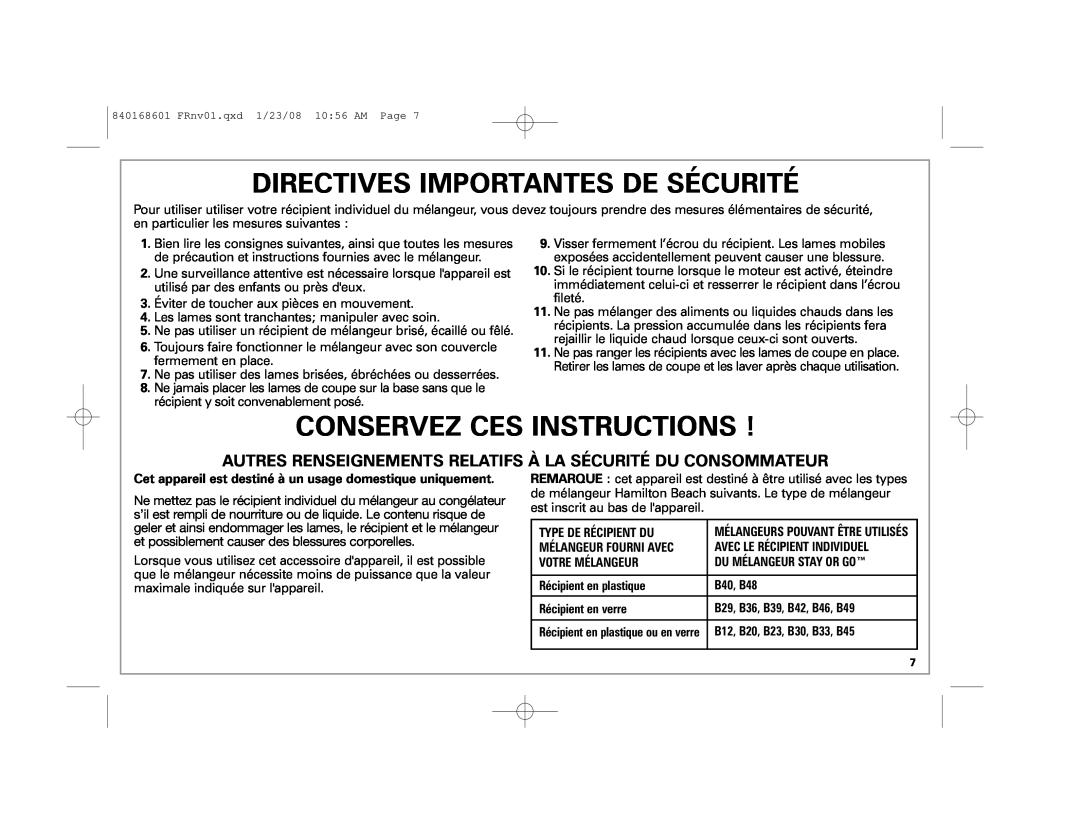 Hamilton Beach 50239 manual Directives Importantes De Sécurité, Conservez Ces Instructions 