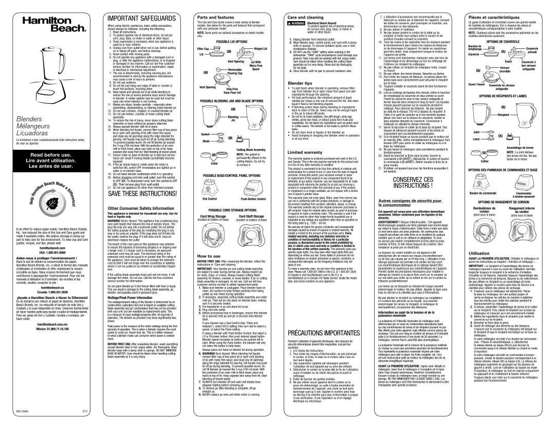 Hamilton Beach 50163, 50246 warranty Parts and features, How to use, Care and cleaning, Blender tips, Limited warranty 