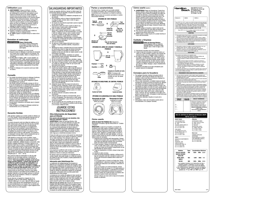 Hamilton Beach 50246 Utilisation suite, Entretien et nettoyage, Conseils, Garantie limitée, Partes y características 