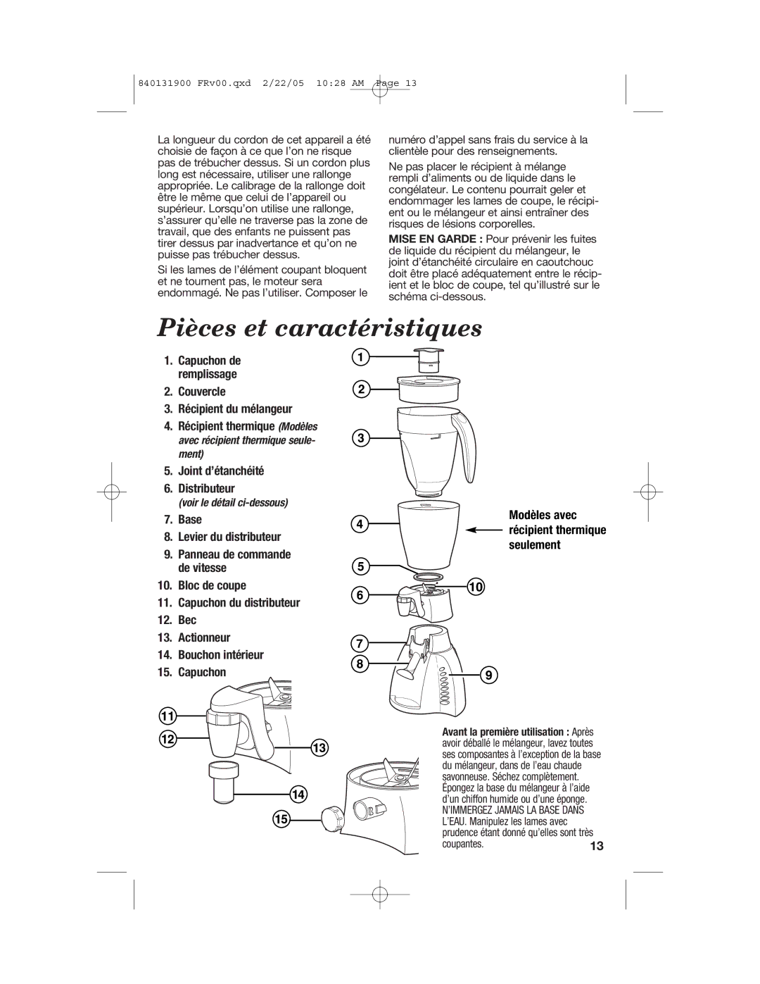 Hamilton Beach 50754C manual Couvercle Récipient du mélangeur, Joint d’étanchéité Distributeur, Base Levier du distributeur 