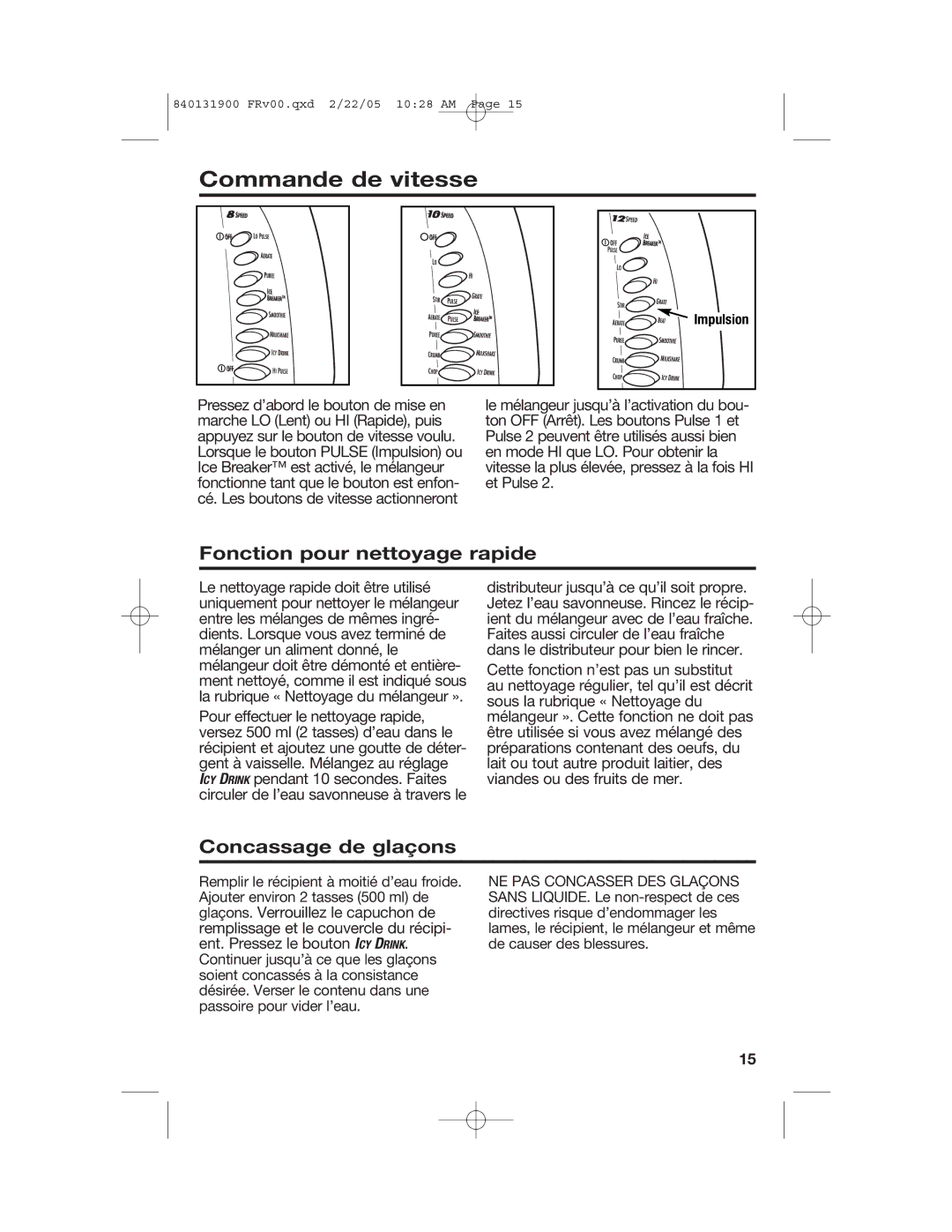 Hamilton Beach 50754C manual Commande de vitesse, Fonction pour nettoyage rapide, Concassage de glaçons, Impulsion 
