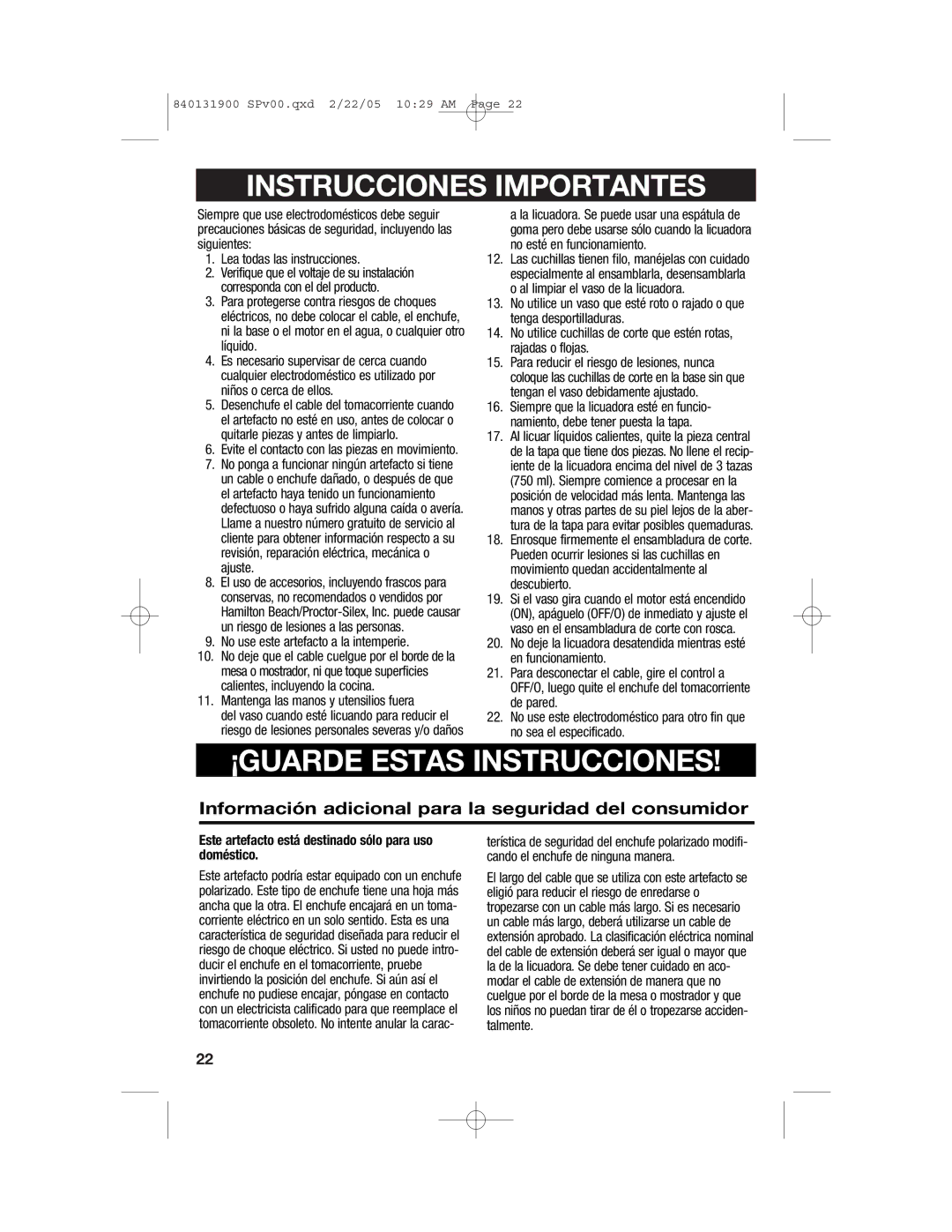 Hamilton Beach 50754C manual Instrucciones Importantes, Este artefacto está destinado sólo para uso doméstico 