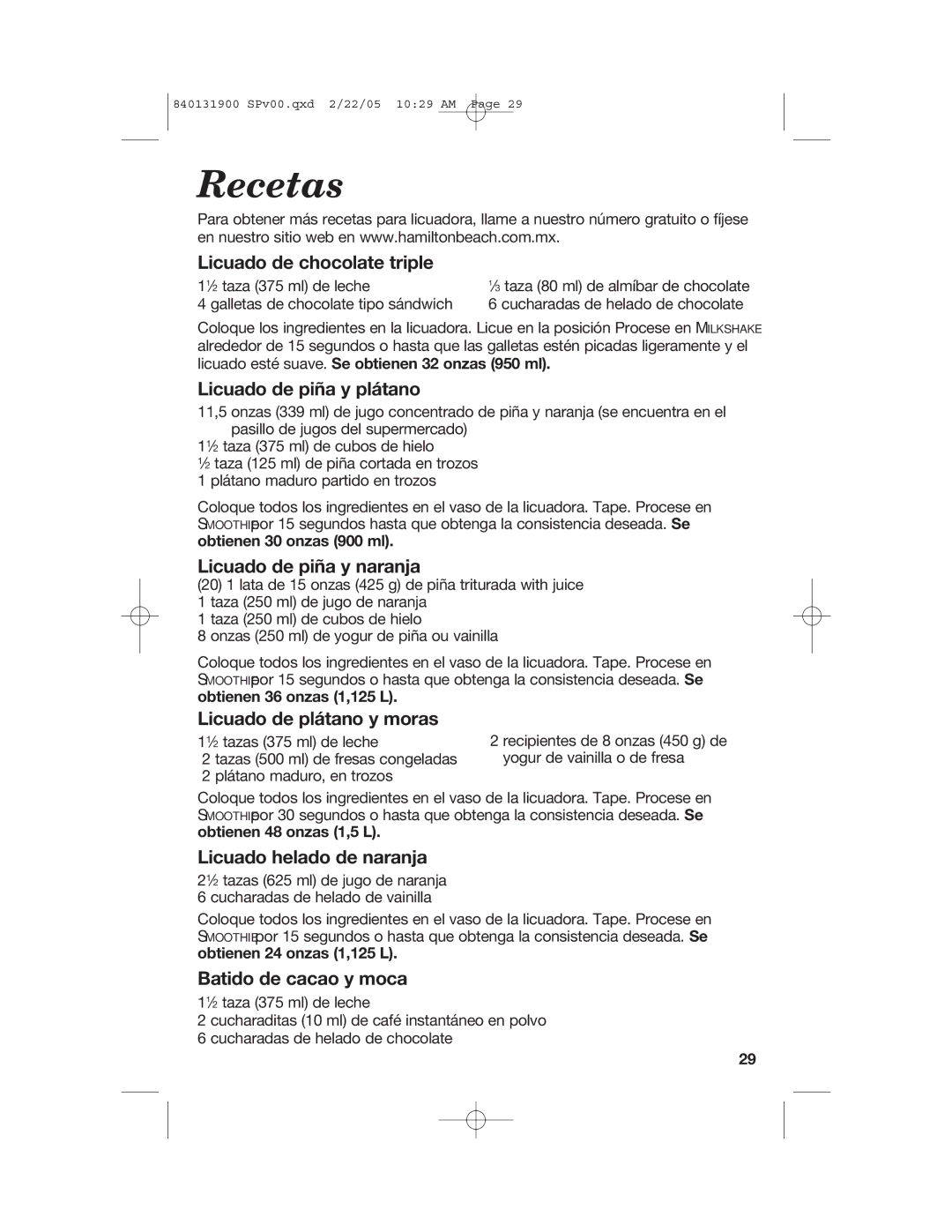 Hamilton Beach 50754C manual Recetas 