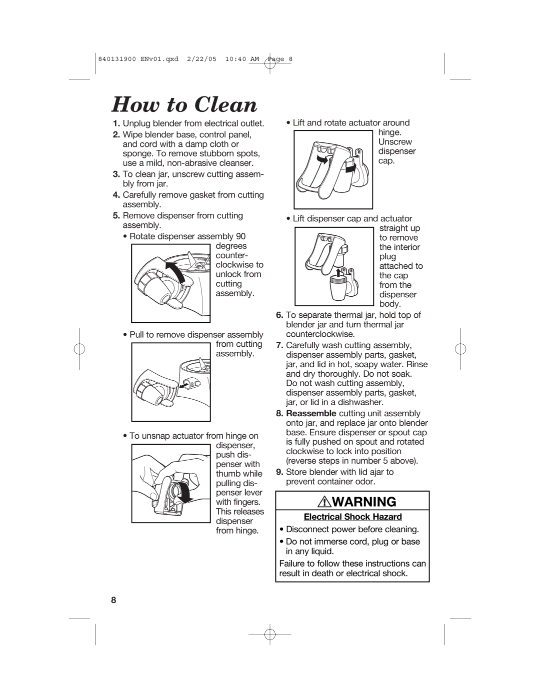 Hamilton Beach 50754C manual How to Clean, Electrical Shock Hazard 