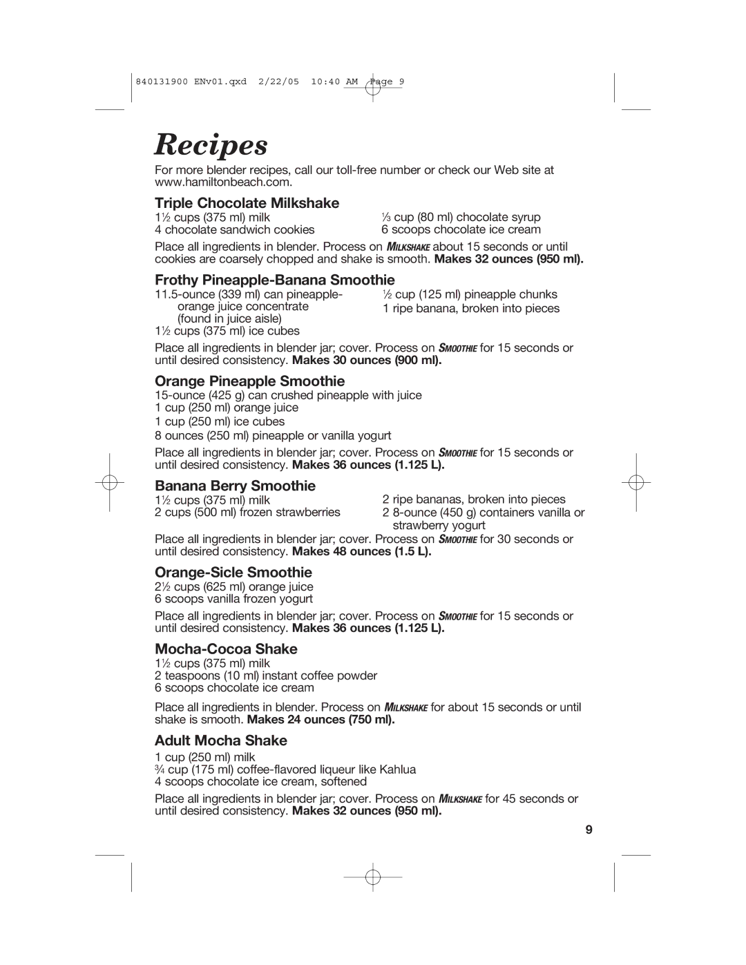 Hamilton Beach 50754C manual Recipes 