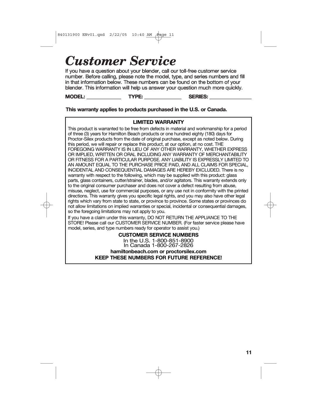 Hamilton Beach 50754C manual Model Type Series, Limited Warranty, Customer Service Numbers 