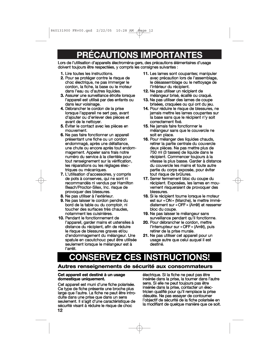 Hamilton Beach 50754C manual Précautions Importantes, Conservez Ces Instructions 