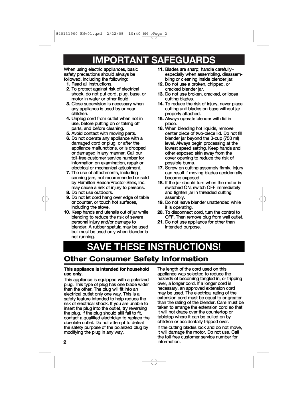 Hamilton Beach 50754C manual Important Safeguards, Save These Instructions, Other Consumer Safety Information 