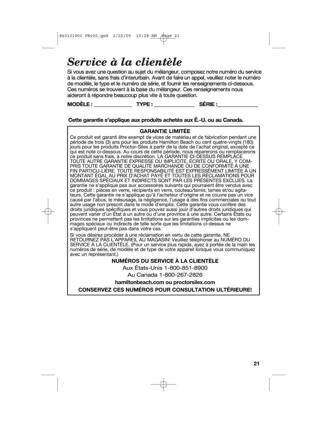 Hamilton Beach 50754C manual Service à la clientèle, Modèle Type Série, Garantie Limitée, Numéros Du Service À La Clientèle 