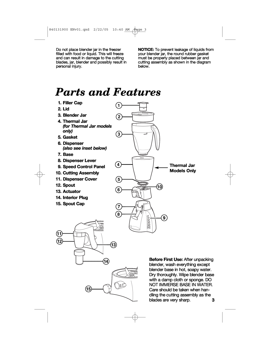 Hamilton Beach 50754C manual Parts and Features, Filler Cap 2. Lid 3. Blender Jar 4. Thermal Jar, Gasket 6. Dispenser 