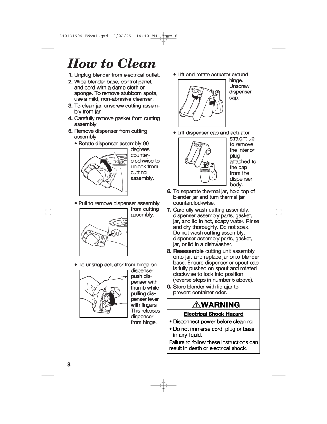 Hamilton Beach 50754C manual How to Clean, Electrical Shock Hazard 