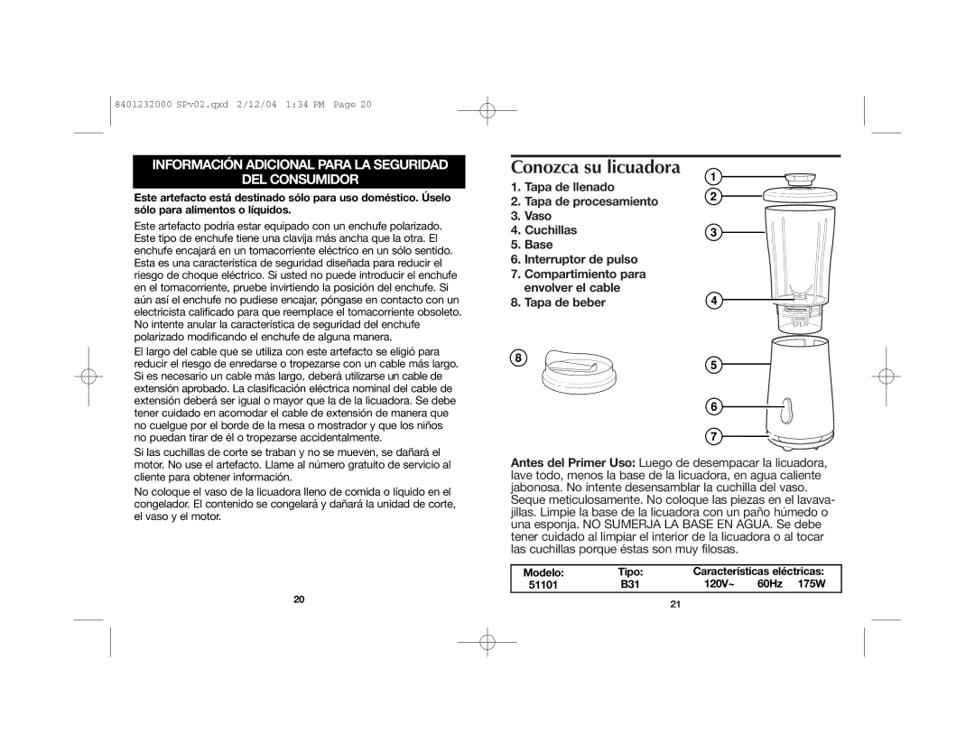 Hamilton Beach 51101 manual Conozca su licuadora, Información Adicional Para LA Seguridad DEL Consumidor 