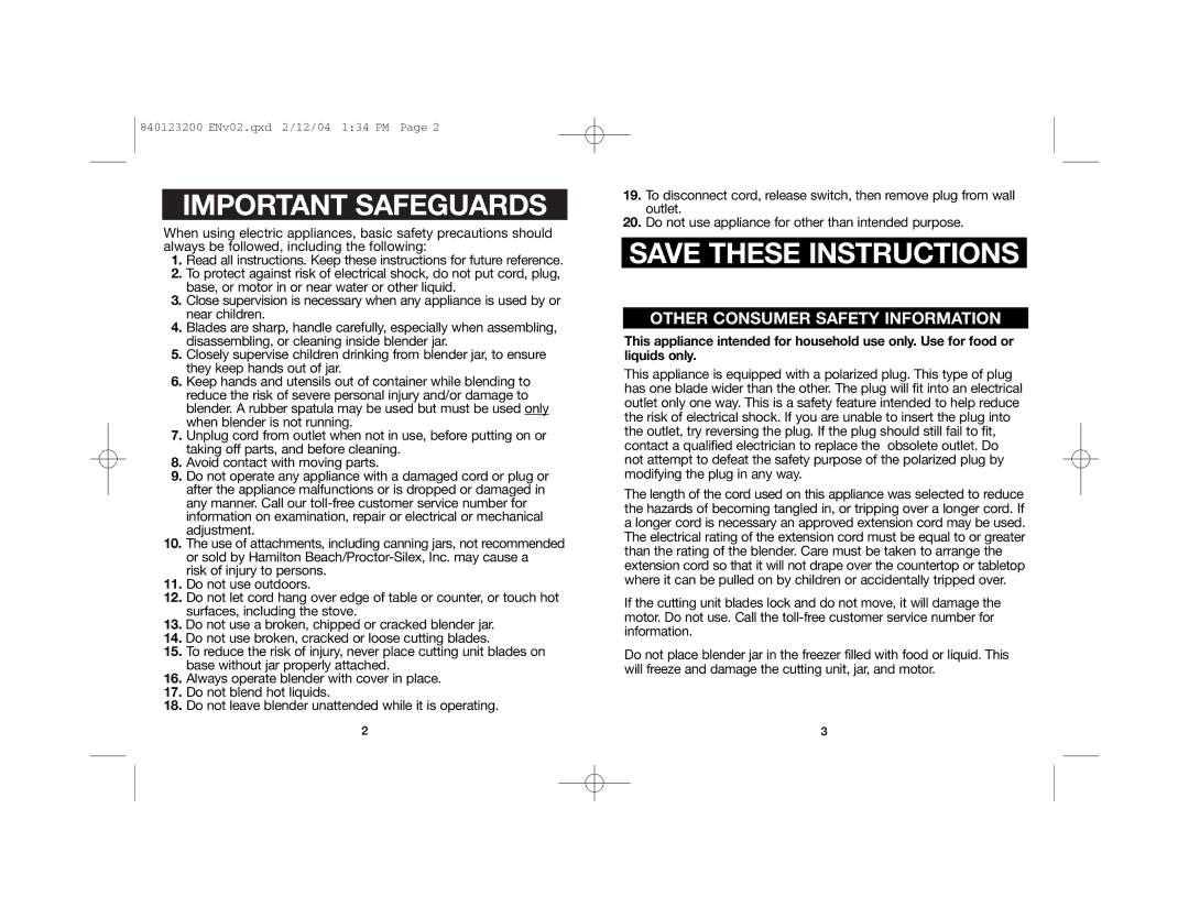 Hamilton Beach 51101 manual Important Safeguards 