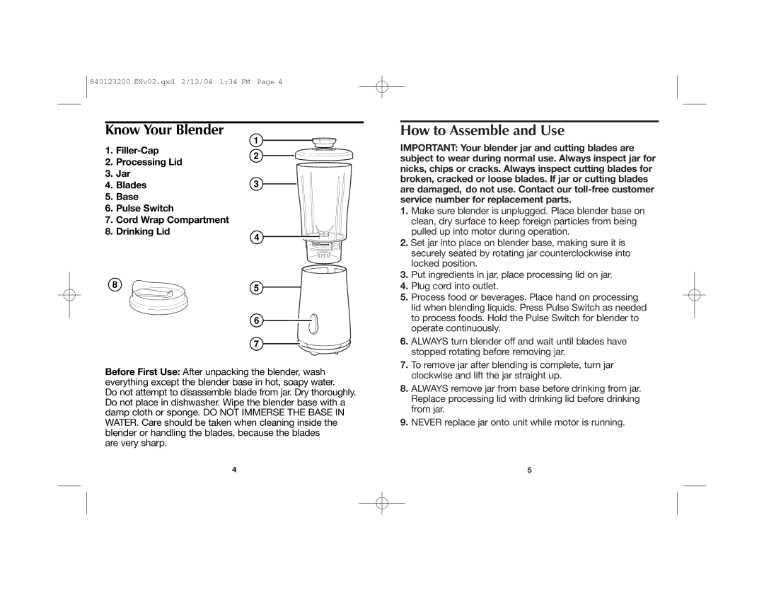 Hamilton Beach 51101 manual Know Your Blender, How to Assemble and Use 